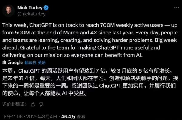 OpenAI ChatGPT周活跃用户有望破7亿GPT-5本周推出