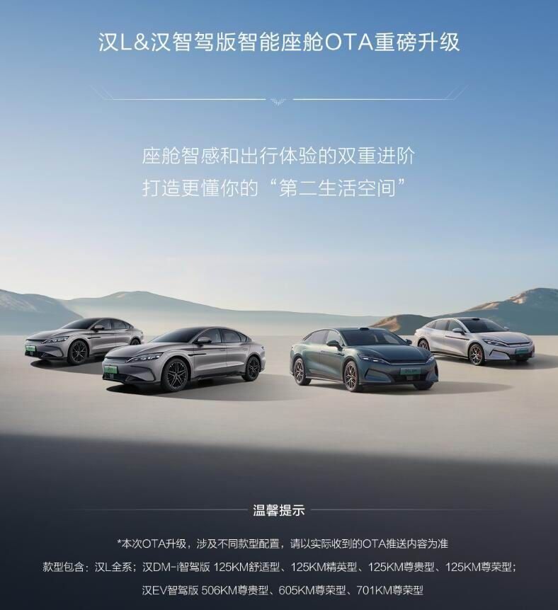 比亚迪汉L和汉智驾版汽车进行DiLink智能座舱OTA升级