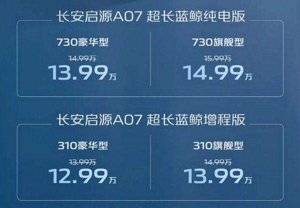 长安启源A07超长蓝鲸纯电版/增程版上市价格13.99万元起