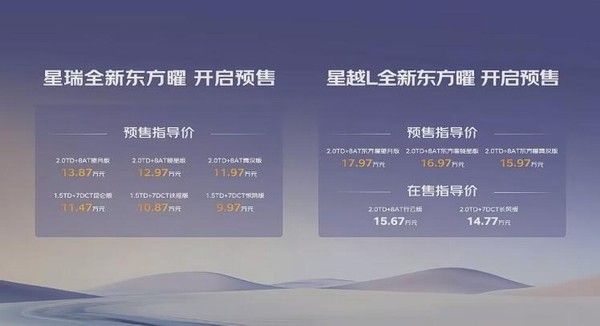 新款吉利星瑞东方曜/星越L东方曜9月23日上市价格