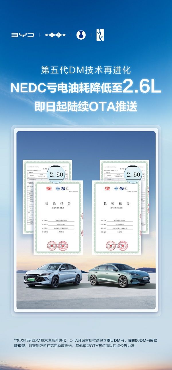 比亚迪第五代DM技术升级秦L/海豹06油耗降至2.6L