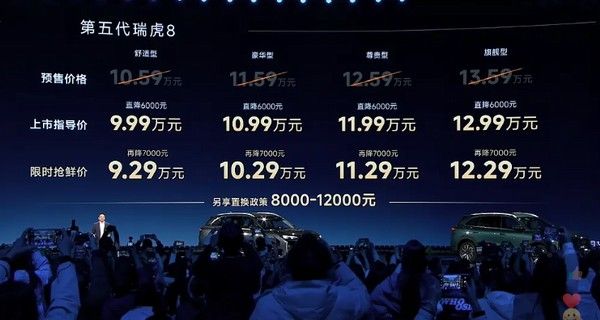 大五座SUV全新奇瑞瑞虎8上市限时价9.29万起