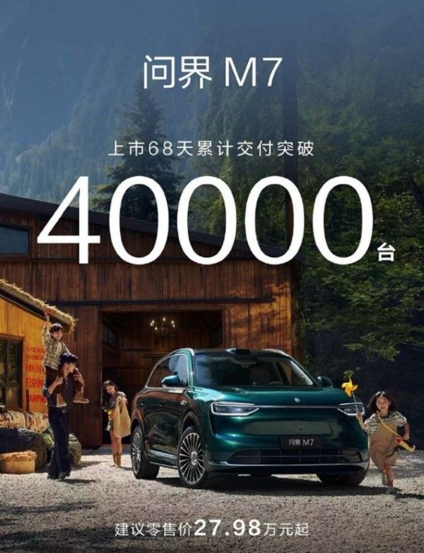 鸿蒙智行全新问界M7上市68天交付量突破40000台
