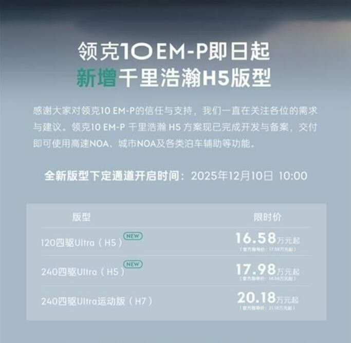 领克中大型轿车10 EM-P官方新增千里浩瀚H5版型