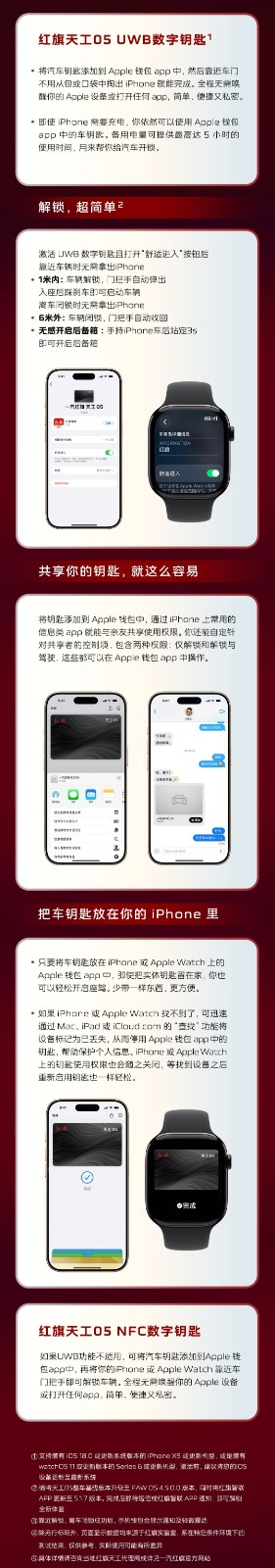 一汽红旗天工05车型新增苹果数字钱包UWB车钥匙功能