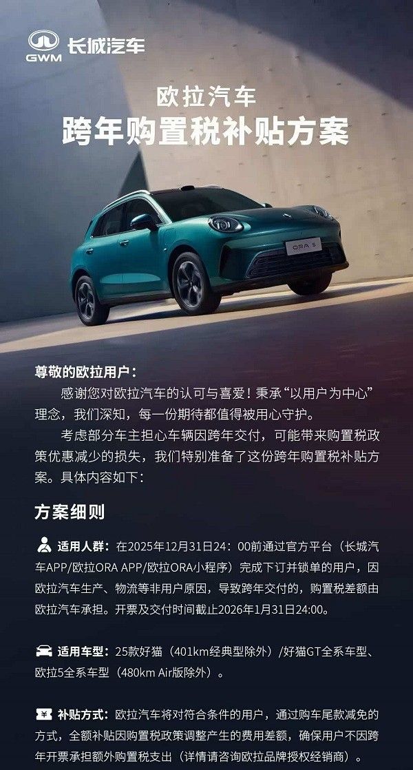 欧拉、哈弗推出跨年购置税补贴方案此前魏牌已推出