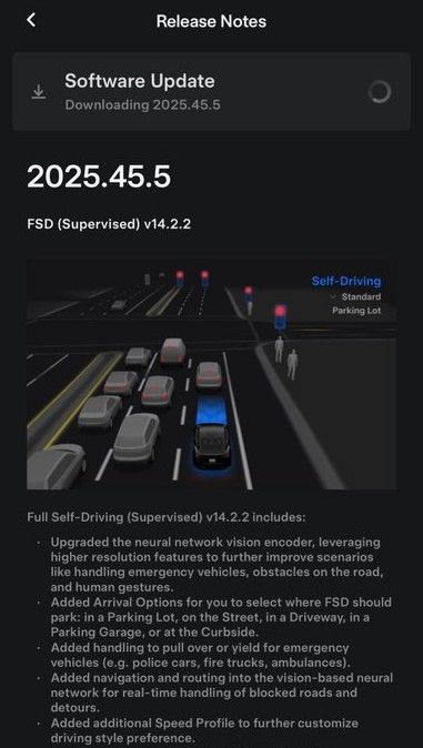 特斯拉推出最新软件更新 FSD V14.2.2 (版本 2025.45.5)